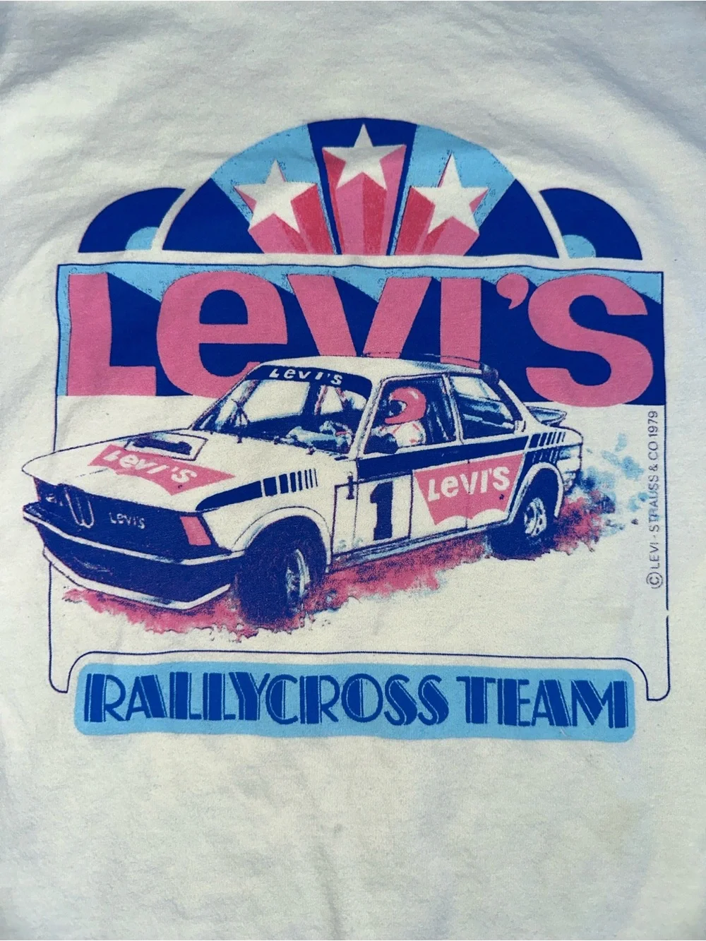 Levi's White Tee with Pink & Blue Rally Car Graphic